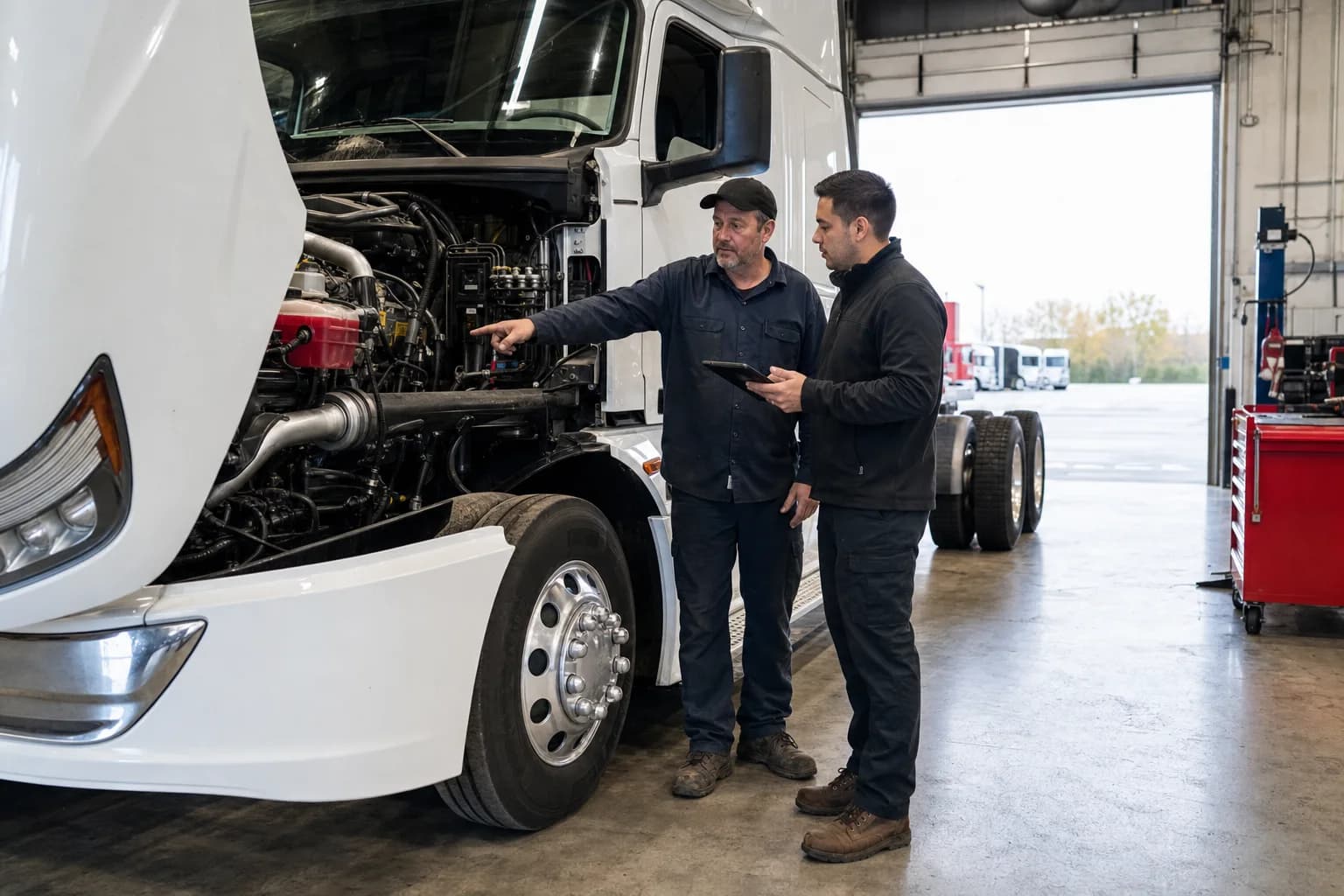 Pmb Trucking Stover technician and buyer inspecting a truck engine